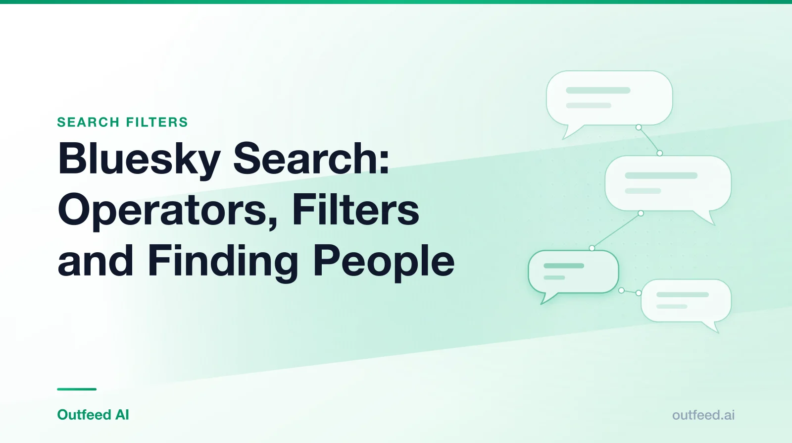 Title card reading 'Bluesky Search: Operators, Filters and Finding People' with linked speech bubbles on an emerald gradient