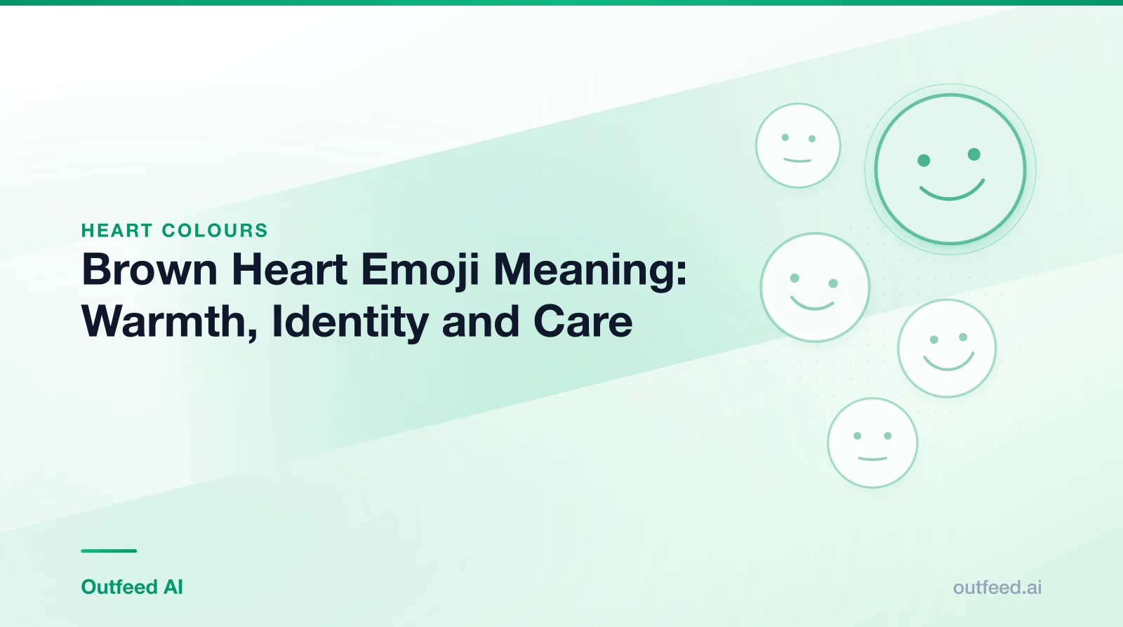 Title card reading 'Brown Heart Emoji Meaning: Warmth, Identity and Care' with simple line-drawn faces on an emerald gradient