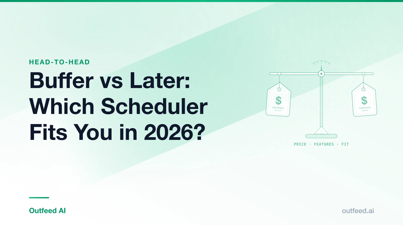 Title card reading 'Buffer vs Later: Which Scheduler Fits You in 2026?' with outlined price tags on an emerald gradient