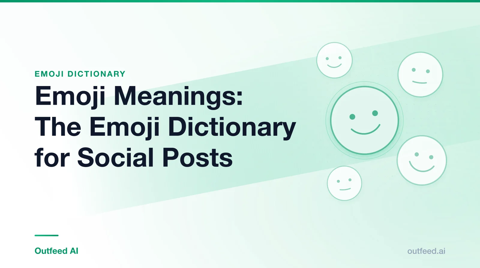 Title card reading 'Emoji Meanings: The Emoji Dictionary for Social Posts' with simple line-drawn faces on an emerald gradient