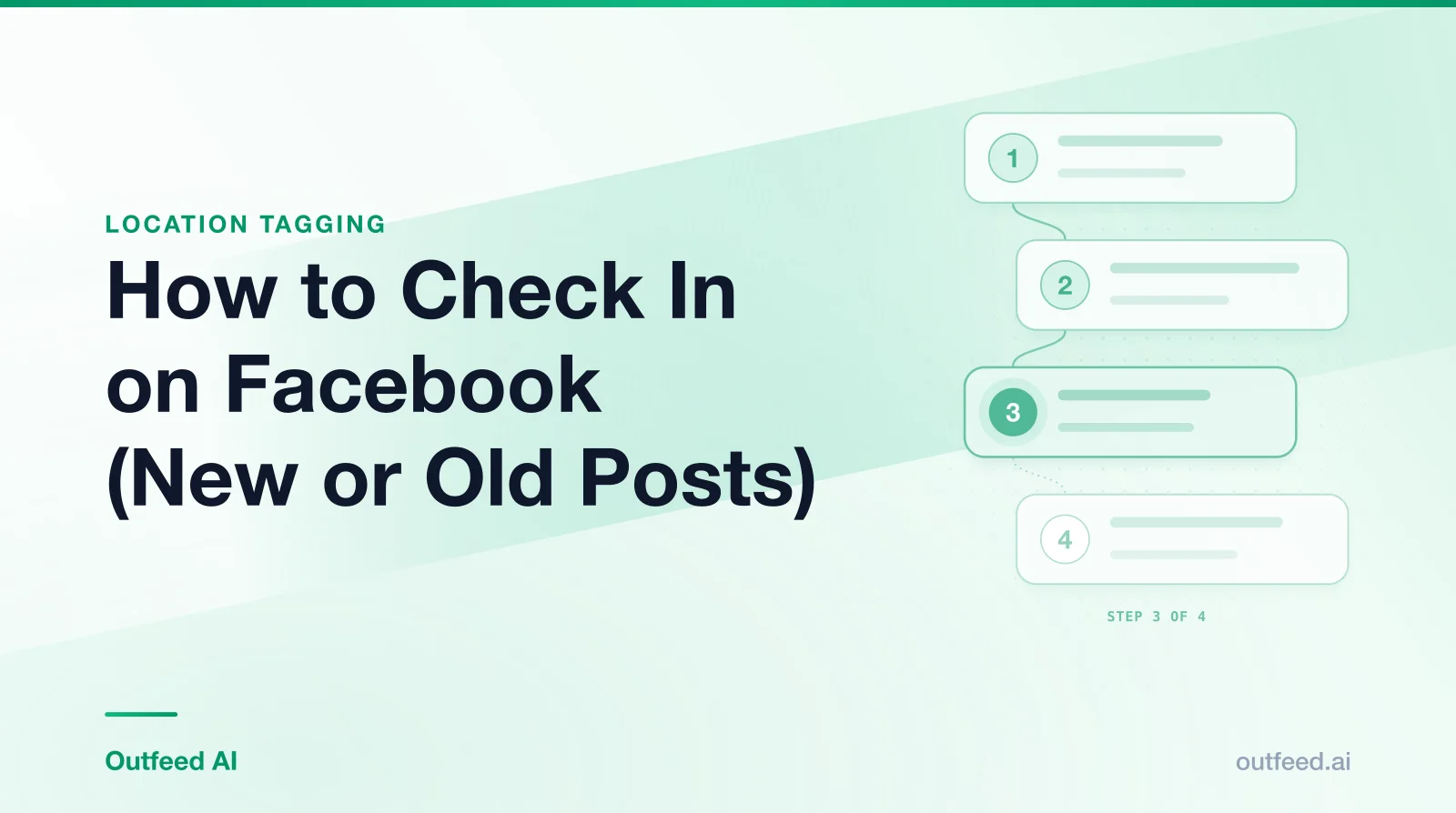 Title card reading 'How to Check In on Facebook (New or Old Posts)' with numbered step cards on an emerald gradient