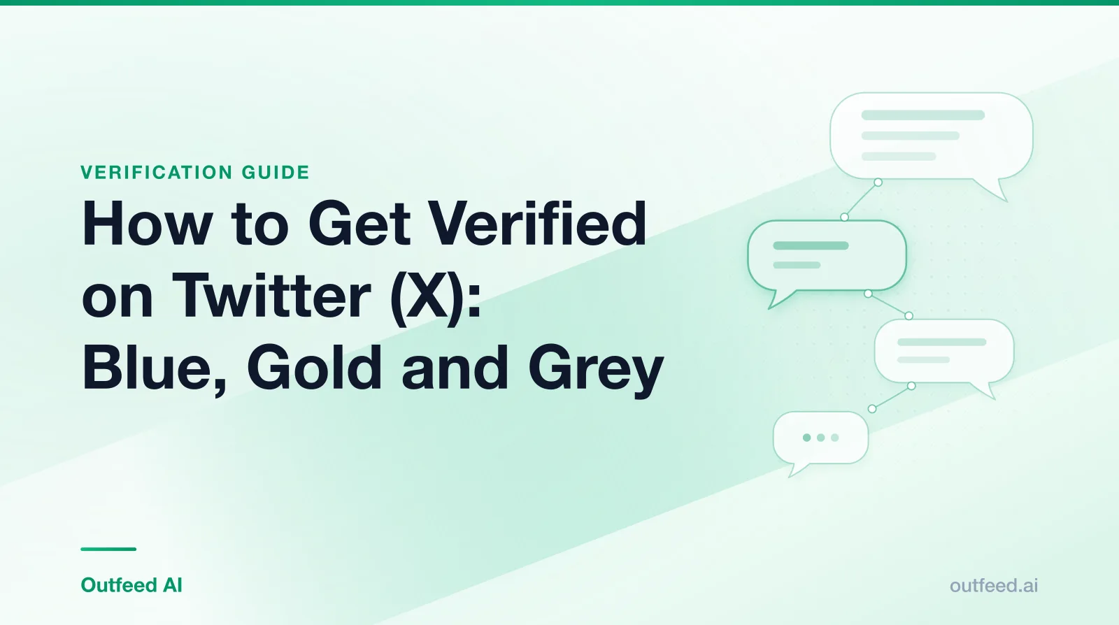 Title card reading 'How to Get Verified on Twitter (X): Blue, Gold and Grey' with linked speech bubbles on an emerald gradient