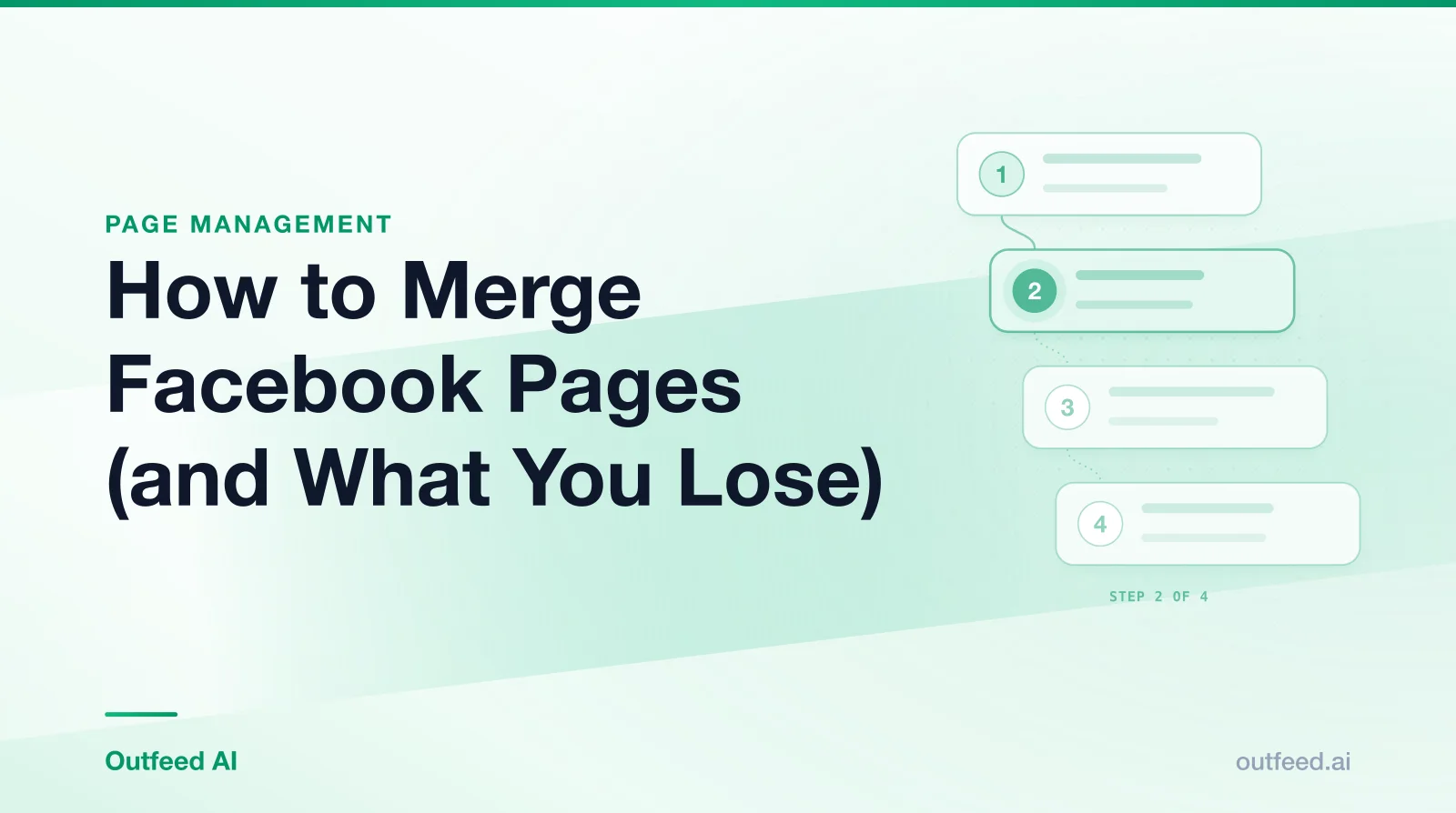 Title card reading 'How to Merge Facebook Pages (and What You Lose)' with numbered step cards on an emerald gradient