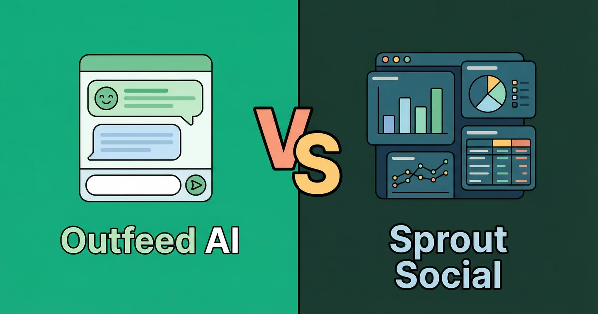 Outfeed AI vs Sprout Social comparison showing chat-first AI interface versus enterprise social media dashboard