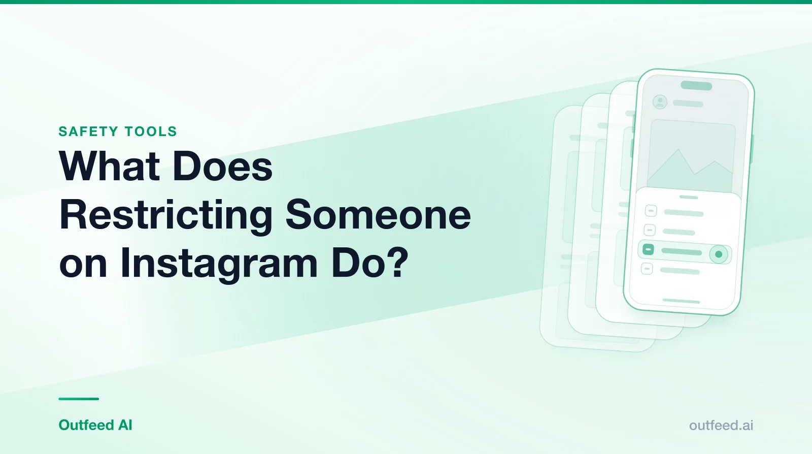 Title card reading 'What Does Restricting Someone on Instagram Do?' with a phone outline and layered screens on an emerald gradient