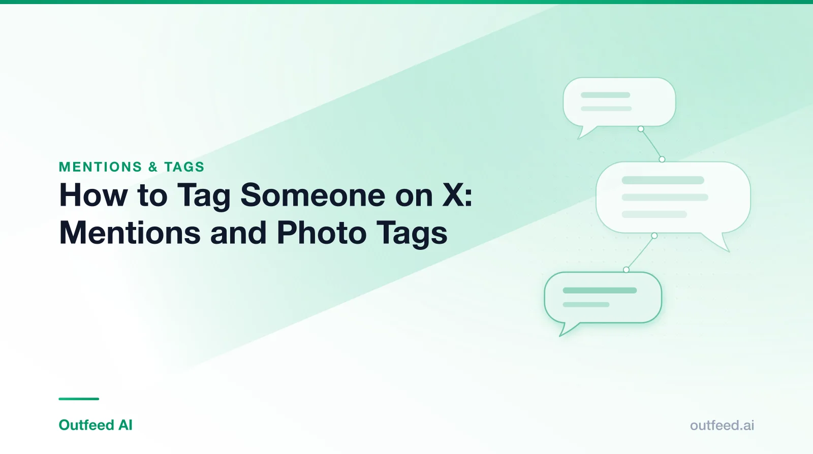 Title card reading 'How to Tag Someone on X: Mentions and Photo Tags' with linked speech bubbles on an emerald gradient