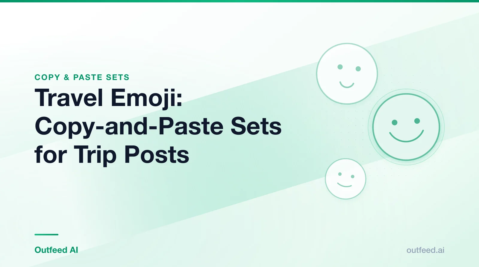 Title card reading 'Travel Emoji: Copy-and-Paste Sets for Trip Posts' with simple line-drawn faces on an emerald gradient