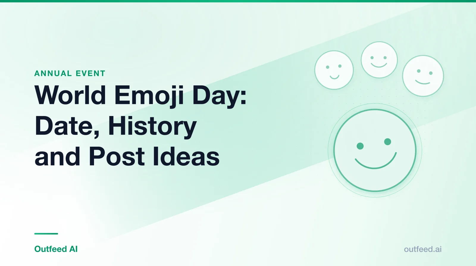 Title card reading 'World Emoji Day: Date, History and Post Ideas' with simple line-drawn faces on an emerald gradient